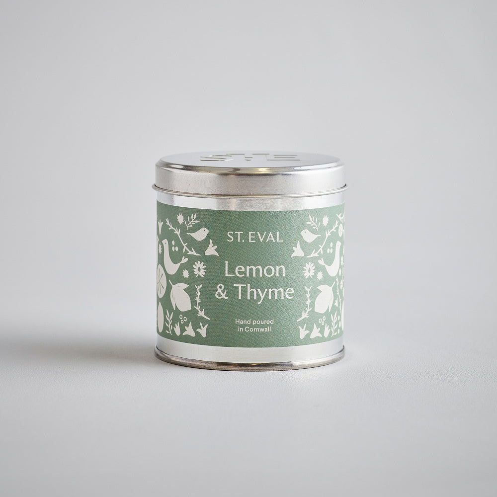St. Eval Candle Co. Lemon & Thyme scented tin candle, hand poured in Cornwall.