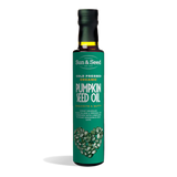 Sun & Seed organic cold-pressed pumpkin seed oil in a bottle with an exquisite and nutty flavor.