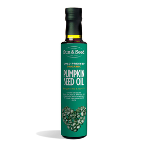 Sun & Seed organic cold-pressed pumpkin seed oil in a bottle with an exquisite and nutty flavor.