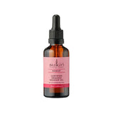 Sukin Rosehip Oil: Amber glass dropper bottle of Sukin Certified Organic Rosehip Oil, featuring a pink label with text identifying it as a 50ml treatment for dry and distressed skin types.