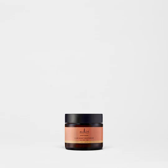 Sukin Brightening Glow Night Moisturiser in an amber jar with award.