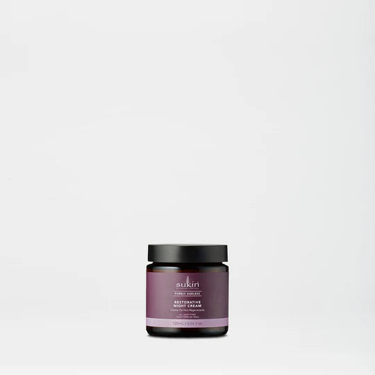 Sukin Purely Ageless Restorative Night Cream in a purple-labeled amber jar.