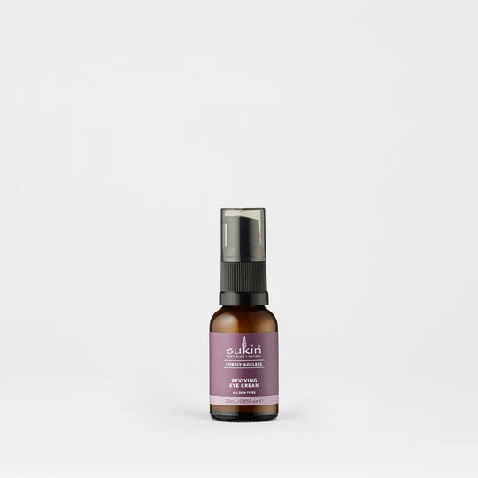 Sukin Purely Ageless Reviving Eye Cream in a small amber pump bottle.
