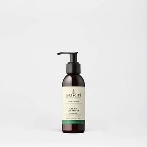 Sukin Signature Cream Cleanser in a dark pump bottle, paraben free.