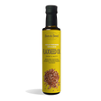 Tall dark glass bottle of Sun & Seed Cold Pressed Organic Flaxseed Oil featuring a bright yellow label with an illustration of flaxseeds at the bottom.