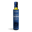 Tall dark glass bottle of Sun & Seed Cold Pressed Organic Chia Seed Oil featuring a deep blue label with an intricate feathered circular graphic at the bottom.