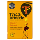 Box of Taka Turmeric Ginger Lemon tea blend with branding and product details.
