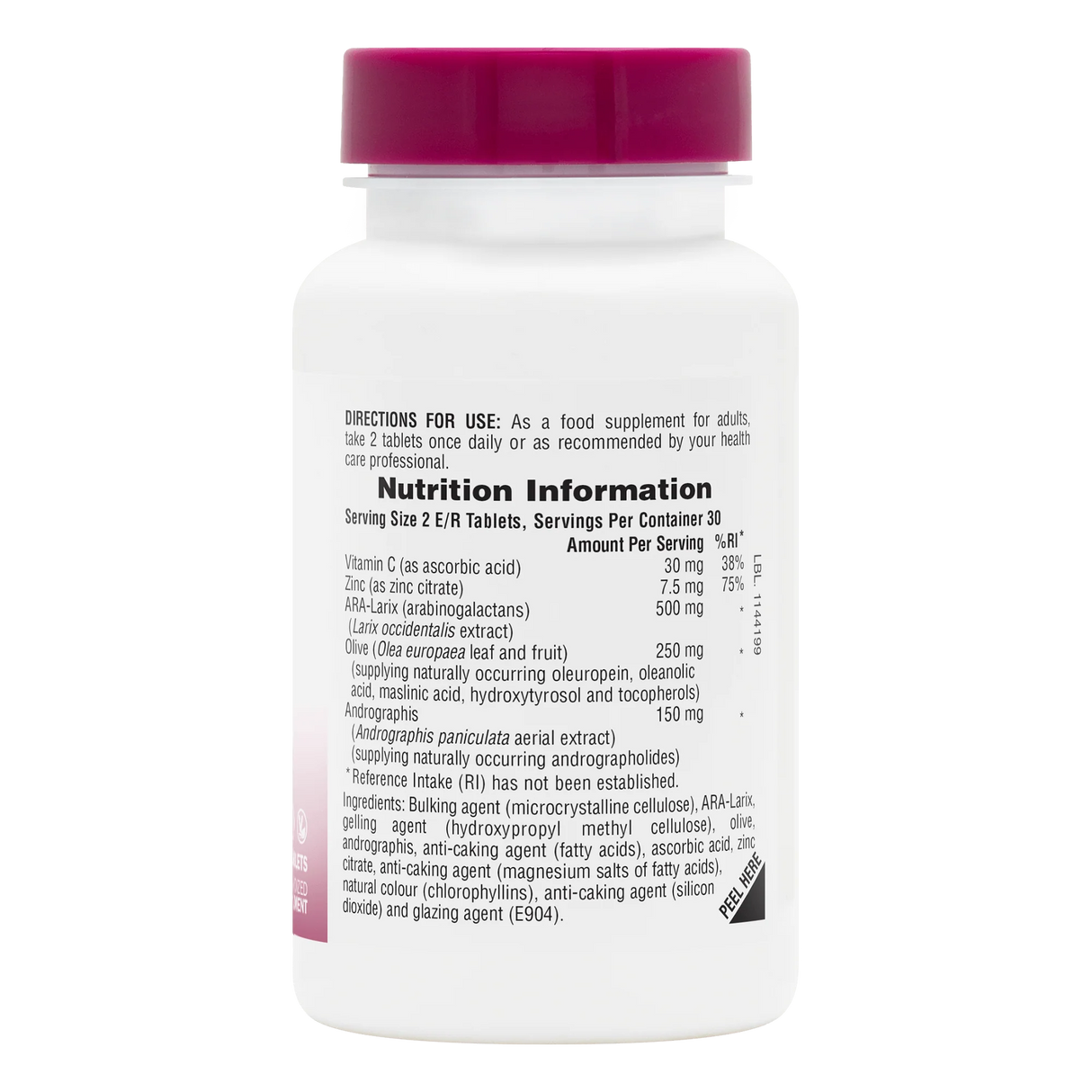 NaturesPlus Tri-Immune supplement facts label showing detailed nutritional information, including Vitamin C, Zinc, ARA-Larix, Olive leaf