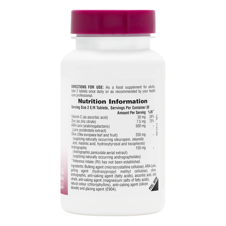 NaturesPlus Tri-Immune supplement facts label showing detailed nutritional information, including Vitamin C, Zinc, ARA-Larix, Olive leaf