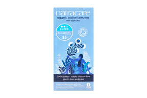 "Natracare organic cotton tampons with applicator, Super absorbency, 16 count, 100% cotton, totally chlorine-free, with a plastic-free applicator."
