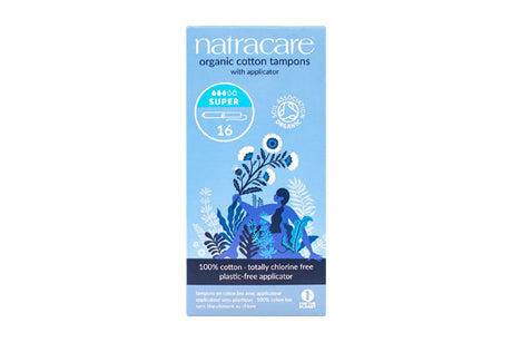 "Natracare organic cotton tampons with applicator, Super absorbency, 16 count, 100% cotton, totally chlorine-free, with a plastic-free applicator."