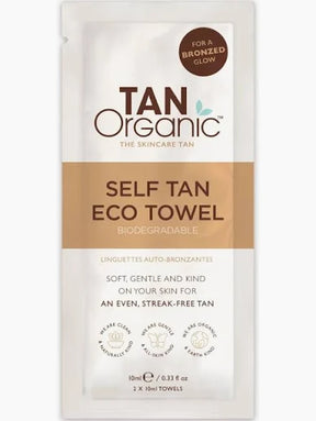 Tan Organic self tan eco towel packaging on a white background