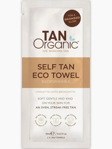 Tan Organic self tan eco towel packaging on a white background