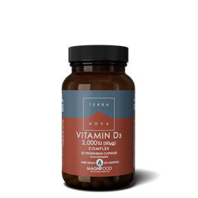 Terranova Vitamin D3 2,000IU complex, 50 vegan capsules for nutritional support.