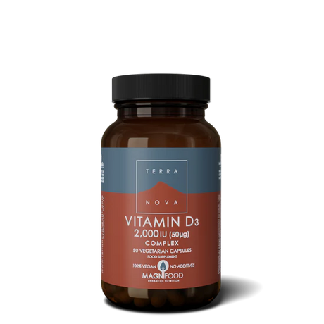 Terranova Vitamin D3 2,000IU complex, 50 vegan capsules for nutritional support.