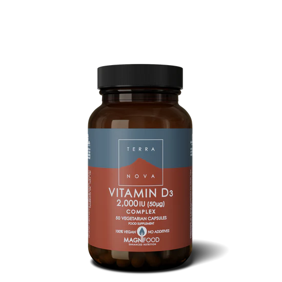 Terranova Vitamin D3 2,000IU complex, 50 vegan capsules for nutritional support.