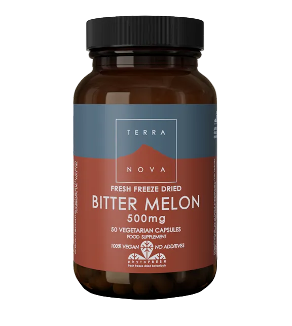 Terranova Bitter Melon: Amber bottle of Terranova Bitter Melon food supplement, featuring a label with branding, PhytoFresh logo, and text indicating it contains 50 500mg, 100% vegan, additive-free vegetarian capsules made with fresh freeze-dried botanicals.