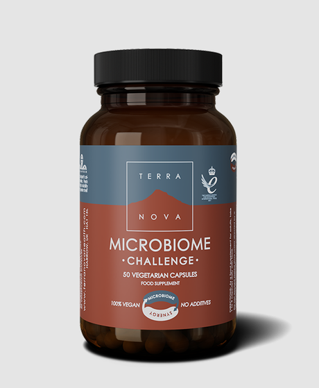 Terra Nova Microbiome Challenge supplement bottle on a gray background