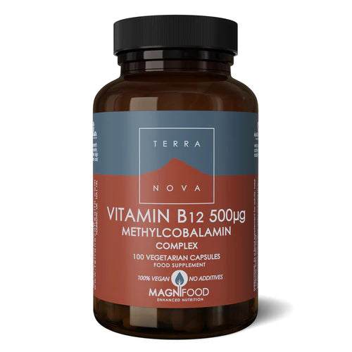 Terranova Vitamin B12 500μg Methylcobalamin complex, 100 vegetarian capsules for nutritional support.