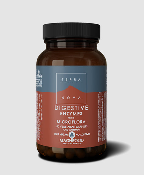 Terra Nova digestive enzymes supplement bottle on a gray background