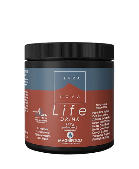 Terranova Life Drink 227g unflavoured superfood powder with vegan protein greens, berries, and probiotics for energy and immunity support.