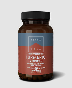 Bottle of Terranova Turmeric & Ginger supplement on a white background
