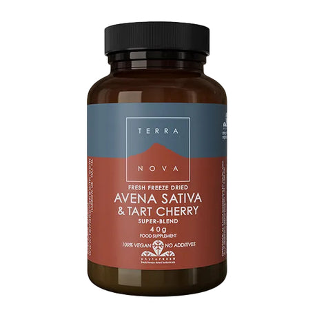 Terranova Avena Sativa & Tart Cherry: Amber bottle of Terranova Avena Sativa & Tart Cherry super-blend food supplement, featuring a label with branding, PhytoFresh logo, and text indicating it is a 40g 100% vegan, additive-free supplement containing fresh freeze-dried botanicals.