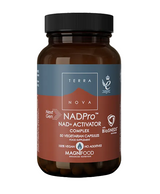 Terranova NADPro NAD+ Activator Complex: Amber bottle of Terranova NADPro NAD+ Activator Complex, featuring a label with branding, the "Next Gen" and "BioSNEDS" technology logos, and text indicating it contains 50 vegan-friendly, additive-free vegetarian capsules.