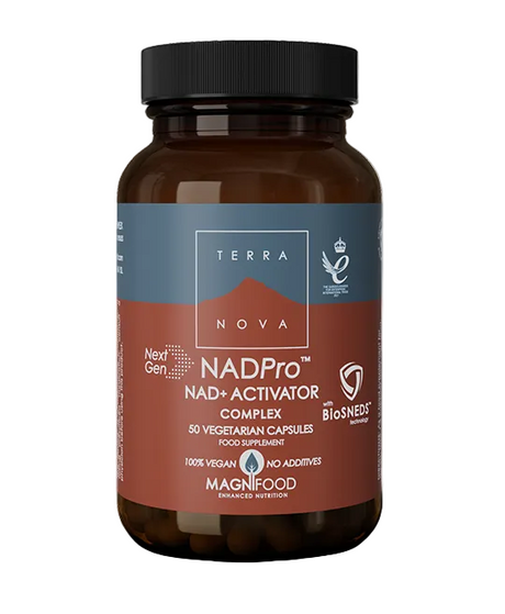 Terranova NADPro NAD+ Activator Complex: Amber bottle of Terranova NADPro NAD+ Activator Complex, featuring a label with branding, the "Next Gen" and "BioSNEDS" technology logos, and text indicating it contains 50 vegan-friendly, additive-free vegetarian capsules.