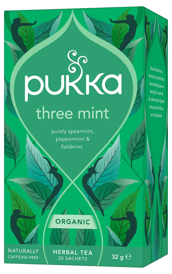 Pukka Organic "Three Mint" herbal tea box featuring spearmint, peppermint, and fieldmint, containing 20 caffeine-free sachets.