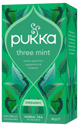 Pukka Organic "Three Mint" herbal tea box featuring spearmint, peppermint, and fieldmint, containing 20 caffeine-free sachets.