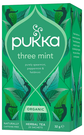 Pukka Organic "Three Mint" herbal tea box featuring spearmint, peppermint, and fieldmint, containing 20 caffeine-free sachets.