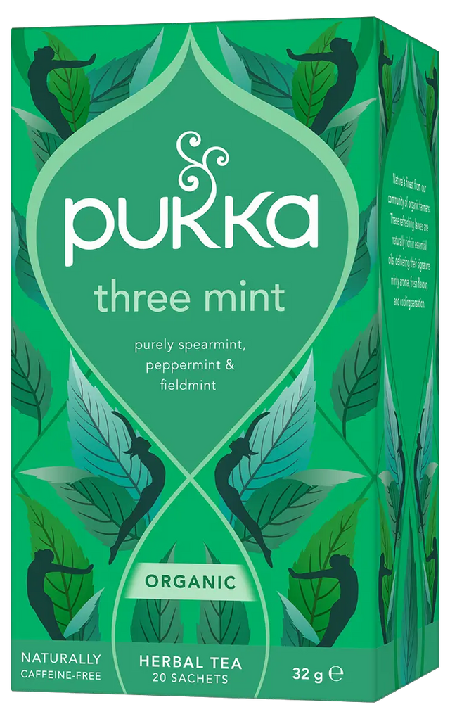 Pukka Organic "Three Mint" herbal tea box featuring spearmint, peppermint, and fieldmint, containing 20 caffeine-free sachets.