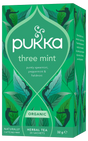 Pukka Organic "Three Mint" herbal tea box featuring spearmint, peppermint, and fieldmint, containing 20 caffeine-free sachets.
