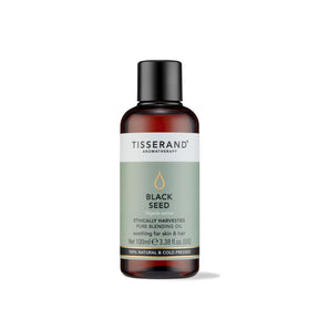 100ml amber glass bottle of Tisserand Black Seed oil with a sage green and white label and a black screw cap.