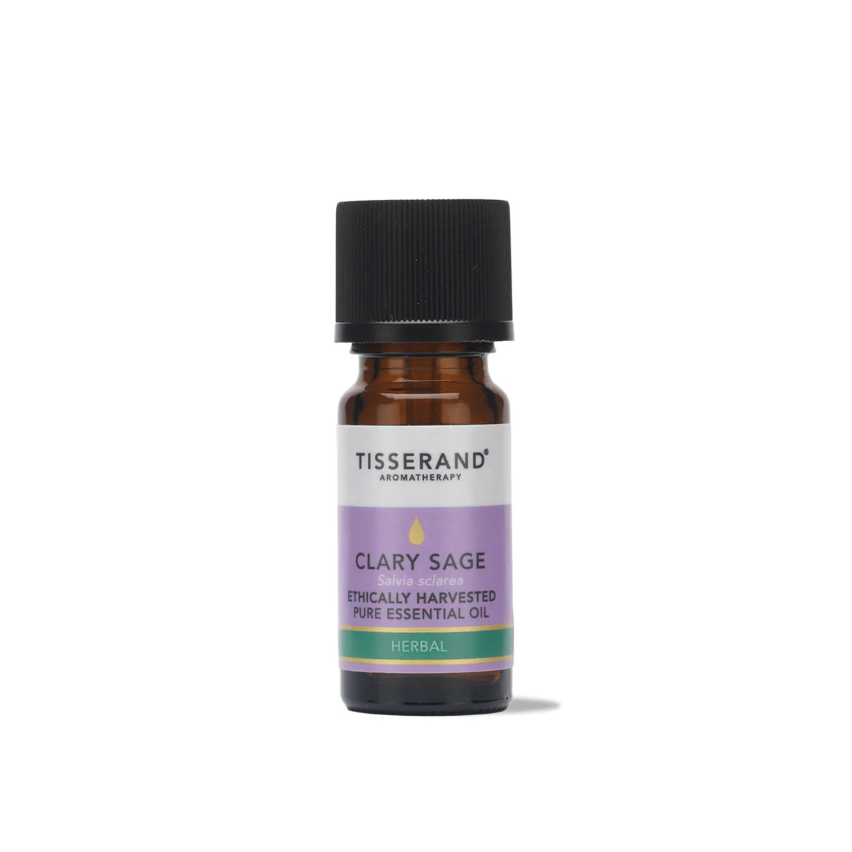 A small amber glass bottle of Tisserand Clary Sage ethically harvested pure essential oil with a purple and white label and a black cap.