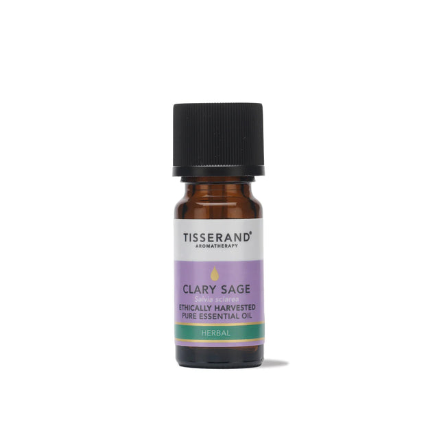 A small amber glass bottle of Tisserand Clary Sage ethically harvested pure essential oil with a purple and white label and a black cap.