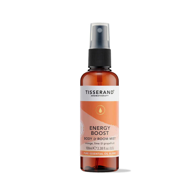 100ml amber spray bottle of Tisserand Energy Boost mist with a peach and white label.