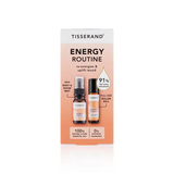 Tisserand Energy Routine set featuring a mini Energy Boost body and room mist and a full-size pulse point roller ball in a peach-colored box.