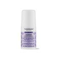 White roll-on deodorant bottle with a light purple botanical label and smooth white cap.