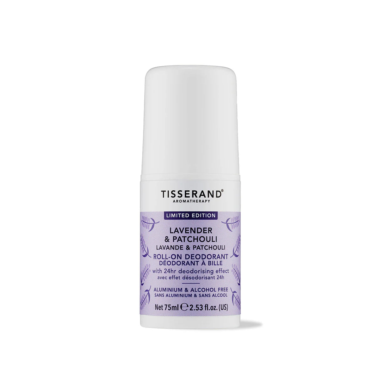 White roll-on deodorant bottle with a light purple botanical label and smooth white cap.