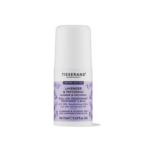 White roll-on deodorant bottle with a light purple botanical label and smooth white cap.