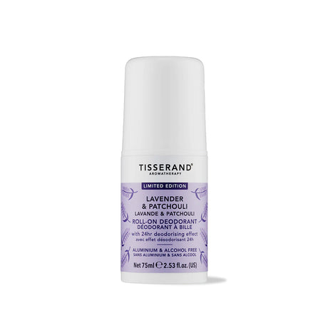 White roll-on deodorant bottle with a light purple botanical label and smooth white cap.