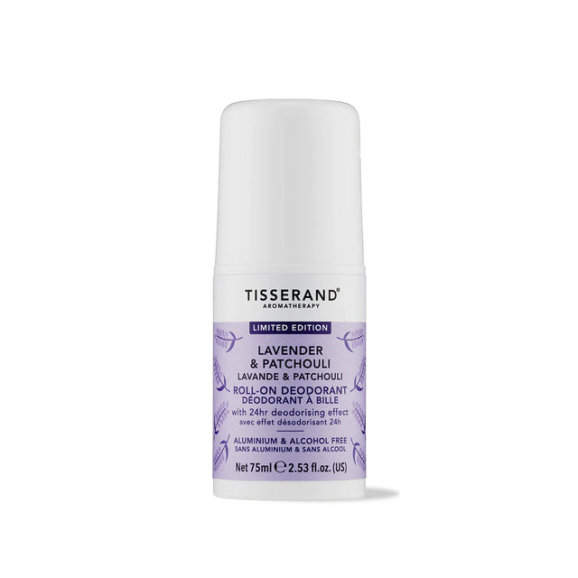 White roll-on deodorant bottle with a light purple botanical label and smooth white cap.