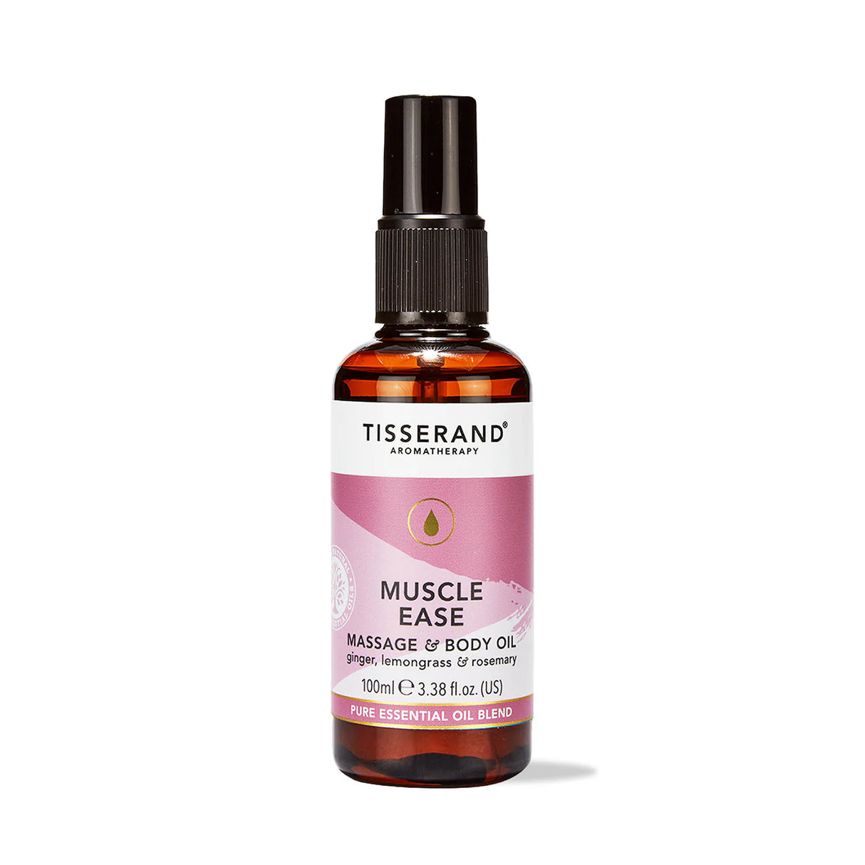 100ml amber spray bottle of Tisserand Muscle Ease oil with a mauve and white label.