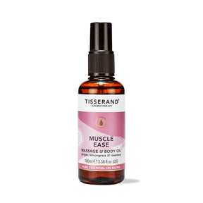 100ml amber spray bottle of Tisserand Muscle Ease oil with a mauve and white label.