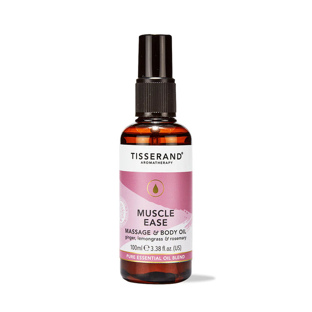 100ml amber spray bottle of Tisserand Muscle Ease oil with a mauve and white label.