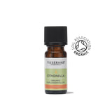 A small amber glass bottle of Tisserand Citronella organic pure essential oil with a light green and white label and a black cap.