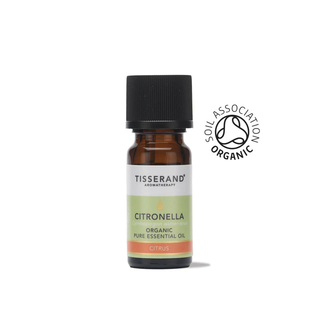 A small amber glass bottle of Tisserand Citronella organic pure essential oil with a light green and white label and a black cap.