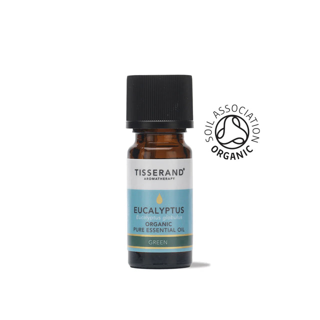 A small amber glass bottle of Tisserand Eucalyptus organic pure essential oil with a blue and white label and a black cap.